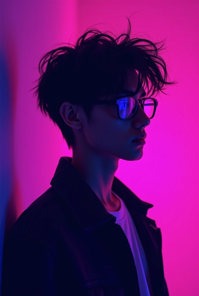 Purple neon silhouette logo of a teenager with black hair and glasses
