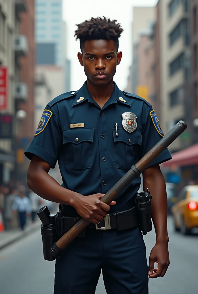 A policeman hanging a trancheon, quite Young, coloured , serious, hurban circumstances