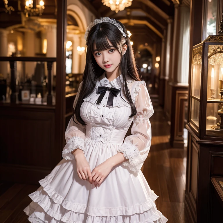 The skirt has a bow at the back of the waist, Skirt length to calf, cupcake dress, Layered skirt with lace on each layer, Wear a LOLITA dress, layered dress, Black lolita skirt, The skirt has a lot of lace, Long sleeve, Wide sleeves, Big skirt, layered lace skirt, Puff sleeves, Wide sleeves, Transparent sleeves, intricate details showcase the ruffles and intricate designs of the Lolita dress, Wearing a lolita dress, in the amusement park, at disneyland, best quality, Delicate face,beautiful visual work, lifelike, eternity, black hair, Long curly hair, blunt bangs, Smile, Detailed Background, Delicate face,blush,cold,((masterpiece))、(top quality)、8k、high detail、Super detailed,41-year-old female, masterpiece、born、Scenes resembling fairy tale illustrations、intricate details和複雜的設計、Beautifully、magic、capricious、 Beautifully、Dream aesthetics、「𝓡𝓸𝓶𝓪𝓷𝓽𝓲𝓬、ethereal、charming、fickle、magic」、realism、Visual effects、FXAA、SSAO、Shader、voiceless、ambient lighting、Tone mapping、High resolution、Ultra high quality、Million pixels、(8K resolution:1.10)、8k、8k以下、8K resolution、high detail、intricate details, (high quality:1.2、masterpiece:1.2、:1.21)、(41-year-old female:1.21)、(興奮地Smile)、(Surrounded by a dreamy atmosphere、Model diagram,full-body shot,Normal 2 feet,Put your hands behind you,The protrusion of the breast is visible when wearing clothes, Large Breasts, H cup chest, Don't show your fingers, full-body shot, full-body shot,full-body shot,full-body shot,full-body shot,full-body shot,full-body shot,full-body shot,hands hidden in clothes, hands hidden in clothes,hands hidden in clothes,hands hidden in clothes,hands hidden in clothes,hands hidden in clothes,hands hidden in clothes,hands hidden in clothes,hands hidden in clothes, ,hands hidden in sleeves ,hands hidden in sleeves ,hands hidden in sleeves ,hands hidden in sleeves ,hands hidden in sleeves ,hands hidden in sleeves ,hands hidden in sleeves ,hands hidden in sleeves, arms behind back, arms behind back, side view, side angle, Each layer of the cake skirt has lace, side view photo, side angle shot, Black and white lolita dress