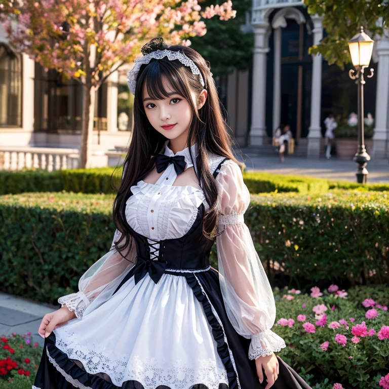 The skirt has a bow at the back of the waist, Skirt length to calf, cupcake dress, Layered skirt with lace on each layer, Wear a LOLITA dress, layered dress, Black lolita skirt, The skirt has a lot of lace, Long sleeve, Wide sleeves, Big skirt, layered lace skirt, Puff sleeves, Wide sleeves, Transparent sleeves, intricate details showcase the ruffles and intricate designs of the Lolita dress, Wearing a lolita dress, in the amusement park, at disneyland, best quality, Delicate face,beautiful visual work, lifelike, eternity, black hair, Long curly hair, blunt bangs, Smile, Detailed Background, Delicate face,blush,cold,((masterpiece))、(top quality)、8k、high detail、Super detailed,41-year-old female, masterpiece、born、Scenes resembling fairy tale illustrations、intricate details和複雜的設計、Beautifully、magic、capricious、 Beautifully、Dream aesthetics、「𝓡𝓸𝓶𝓪𝓷𝓽𝓲𝓬、ethereal、charming、fickle、magic」、realism、Visual effects、FXAA、SSAO、Shader、voiceless、ambient lighting、Tone mapping、High resolution、Ultra high quality、Million pixels、(8K resolution:1.10)、8k、8k以下、8K resolution、high detail、intricate details, (high quality:1.2、masterpiece:1.2、:1.21)、(41-year-old female:1.21)、(興奮地Smile)、(Surrounded by a dreamy atmosphere、Model diagram,full-body shot,Normal 2 feet,Put your hands behind you,The protrusion of the breast is visible when wearing clothes, Large Breasts, H cup chest, Don't show your fingers, full-body shot, full-body shot,full-body shot,full-body shot,full-body shot,full-body shot,full-body shot,full-body shot,hands hidden in clothes, hands hidden in clothes,hands hidden in clothes,hands hidden in clothes,hands hidden in clothes,hands hidden in clothes,hands hidden in clothes,hands hidden in clothes,hands hidden in clothes, ,hands hidden in sleeves ,hands hidden in sleeves ,hands hidden in sleeves ,hands hidden in sleeves ,hands hidden in sleeves ,hands hidden in sleeves ,hands hidden in sleeves ,hands hidden in sleeves, arms behind back, arms behind back, side view, side angle, Each layer of the cake skirt has lace, side view photo, side angle shot, Black and white lolita dress