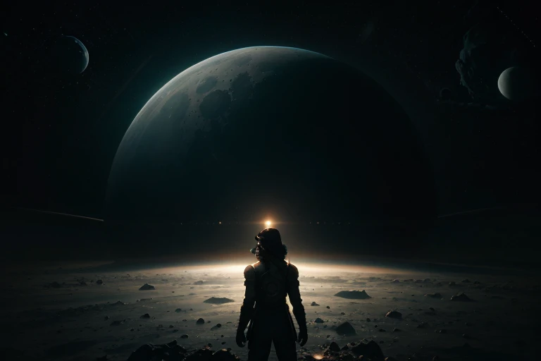 create the vision of a perfect planet with an irregular surface like the moon with deep craters on the surface, sky with night space and dense atmosphere gray color, surreal image, There is the planet Saturn with its beautiful rings seen from the surface in the sky through the dense atmosphere, dark stormy atmosphere, the planet is immense and is setting on the horizon, cyberpunk style at night in the distance, has a wide, space is dark and you can only see the silhouette of one side of the planet through the dense atmosphere, Total dark, dark horizon, penumbra, as realistic as possible, dark environment without light without sun, starry sky. There is a spaceship leaving the crater of the surface. Create a spaceship emerging from inside a crater on the planet's surface.