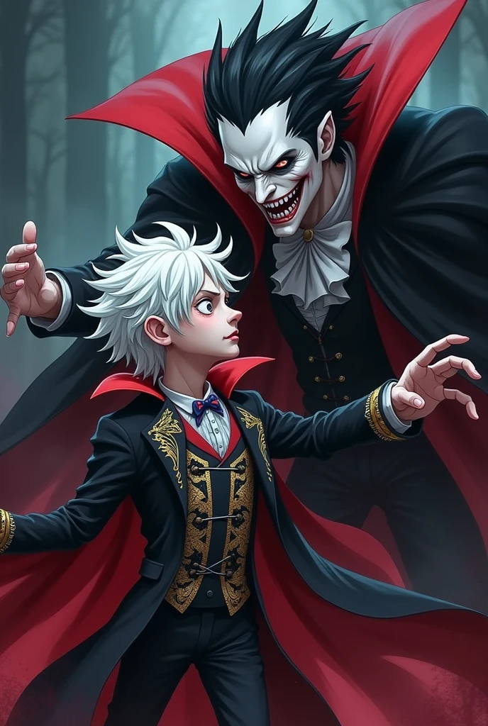 create a One Piece illustration of an 18 year old voodoo rag doll man with white hair, one pink eye, and one button eye wearing fancy clothes fighting Dracula