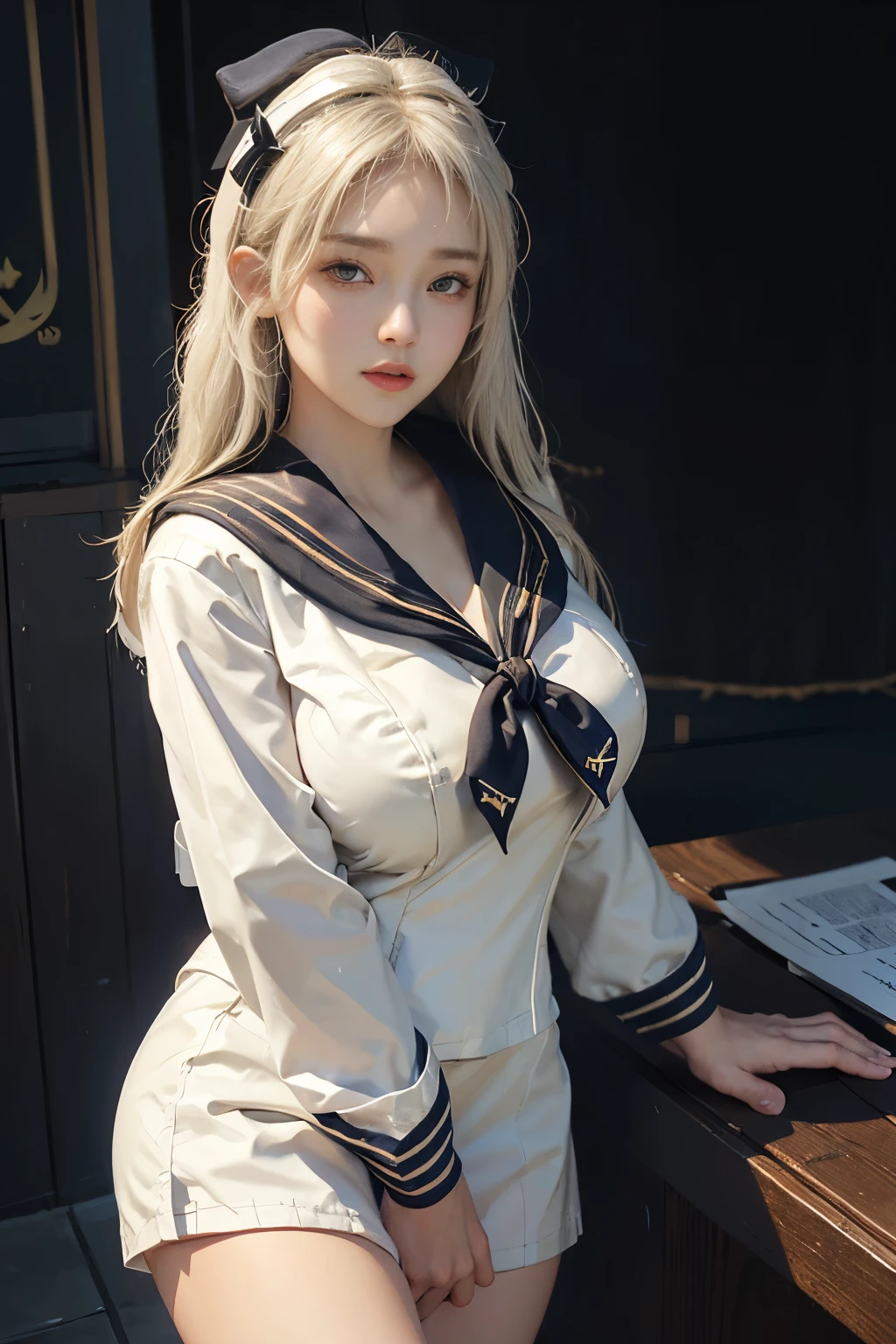 (Front Focus),(8k),(Dark Night:1.6),((Huge boobs)), ((cute)), Fantasy art,((White beige hair)), ((Sailor suit:1.4)), Like the picture,Dynamic Lighting,Art Station,Poster,Volumetric lighting,Highly detailed face,((Huge boobs)), Beautiful thighs、Are standing, (Spread your legs), (I can see your crotch), ,With accessories,Sexy thighs,Expose the abdomen ,chest 1 , In the Dark, Deep Shadow, bass, Cowboy Shot, (コンセプトSailor suit:1.4), Shining Eyes