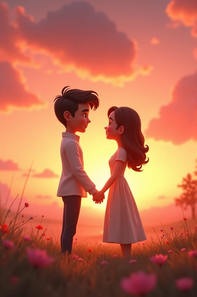 In cinematic 3d cartoon style " Slide 1:
Image: A couple holding hands at sunset.
Text: "Once upon a time..."