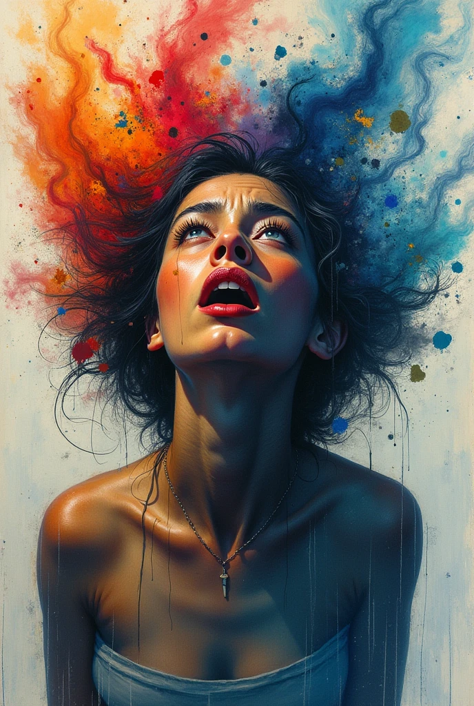 a girl going crazy，abstract style Abstractiso，palette knife painting，watercolor，drawing a sick person，crazy style，chaotic image and composition，high saturation colors Al，vibrant colors artistic abstract，Ultra-detailed，Three Different Shots and Actions，Different Color Saturation，Different Composition Angles，High-definition 4k8k，webp size：9:16
