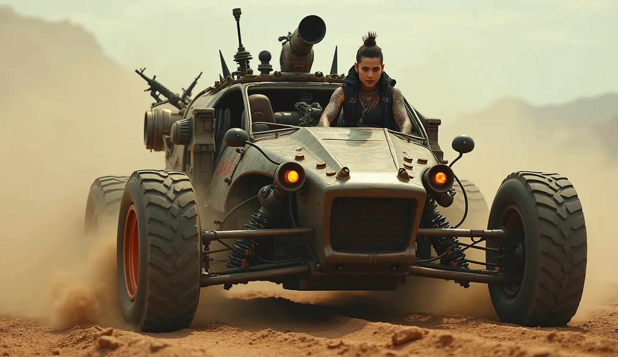 Movie Road Warrior) Action photography of a wasteland rail buggy with many spikes, guns, and lights, driven by a cannibal mutant (Kelly Hu, age 25, sexy leathers, mohawk, tattoos), low angle view
