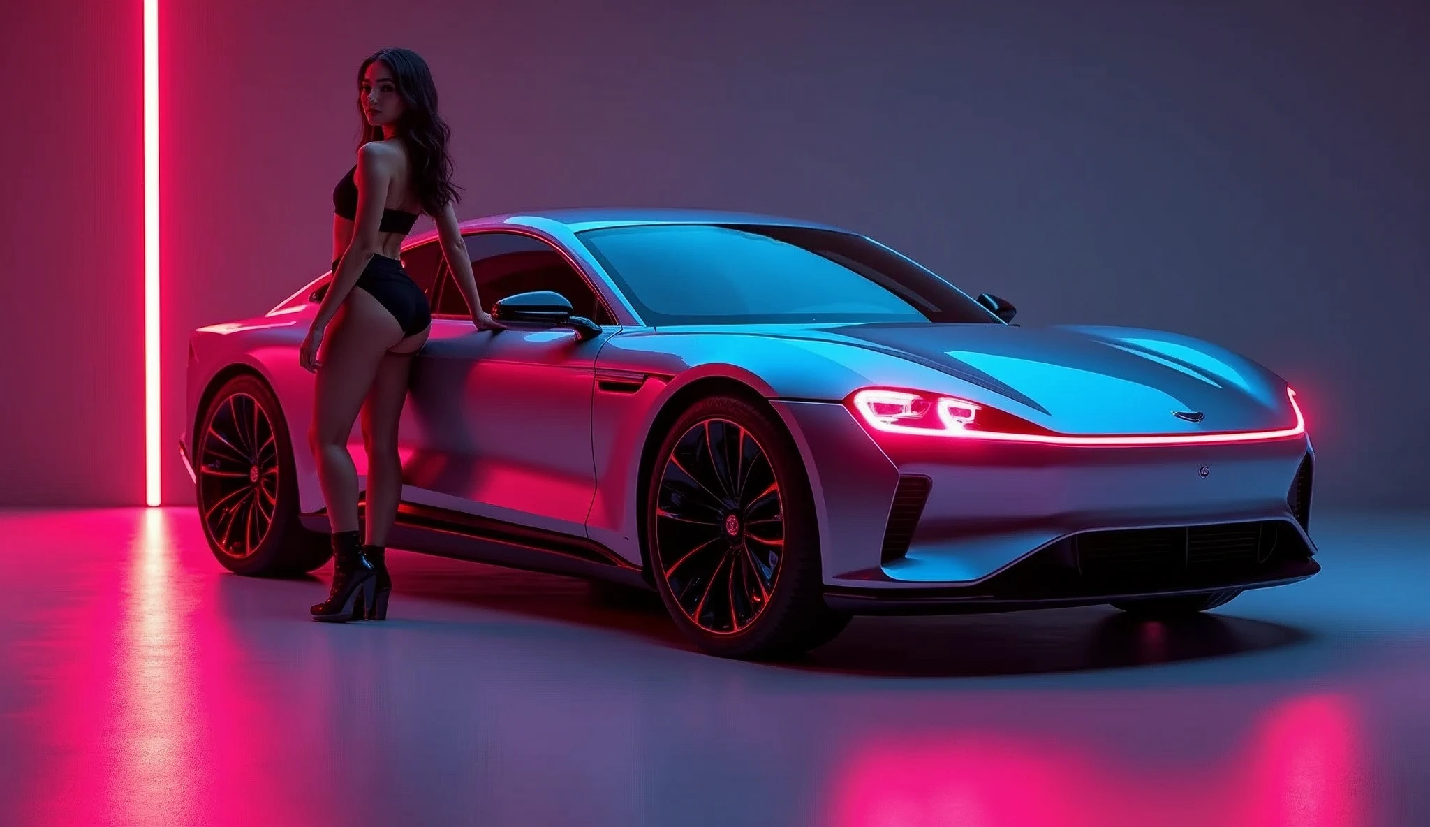 a futuristic styled family car, neon trim, 4 doors, tinted windows, a sexy Asian woman, age 25, model, gorgeous, curvy, mini outfit, posing next to car, glamour photo, high quality, 8k, photorealistic, professional, studio lighting, vibrant colors, cinematic lighting, dramatic lighting, dynamic pose, symmetrical composition, depth of field, award winning photography