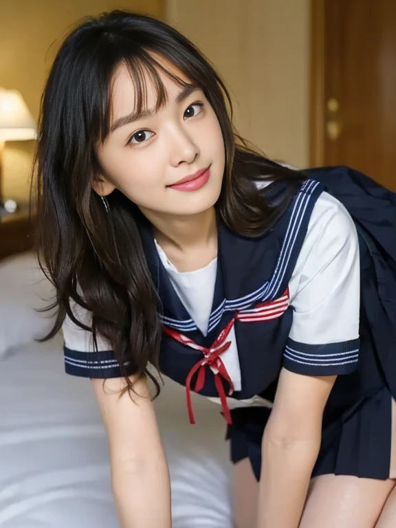 (Masterpiece, Best quality:1.4), (Ultra realistic, Photo-realistic:1.2), Natural light, 25 years old actress, Japanese women, Neat and clean, (Sailor suit, short sleeve suit:1.2), (Dark navy skirt:1.3), (Dark navy ribbon:1.2), (Short wavy hair:1.1), Ponytail, Light brown hair color, (Beautiful Face), Oval face, clear, (Beautiful eyes, Kind eyes), (Clear skin), Small face, (Small mouth), (Beautiful mouth), Natural makeup, Approachable, Luxury hotel Suite room, On bed, Seductive smile, (Seductive pose:1.2), (Beautiful thighs:1.1), (Bedroom eyes), (nsfw:1.1), (lesbian couple:1.1), (petting together), obscene reality of girls, (crotch rub:1.1),
