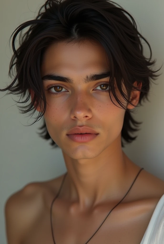 Create an image of an indain 20 year boy, light skin coloured, silky smooth straight hair, siren eyes, lips bigger than usual, poker face, very little acne, slim, footballer like physique, sharp jawline and fine face cut. But not broad. thin eyebrows. NO BEARD AND LIGHT SKIN. KOREAN SKIN. SILKY SMOOTH DARK BROWN HAIR. NOT KOREAN, ONLY KOREAN SKIN COLOUR. SMALLER FOREHEAD AND NORMAL CHEEKS. NOT KOREAN, NO FACIAL HAIR, HAIR REACH HIS JAWLINE.