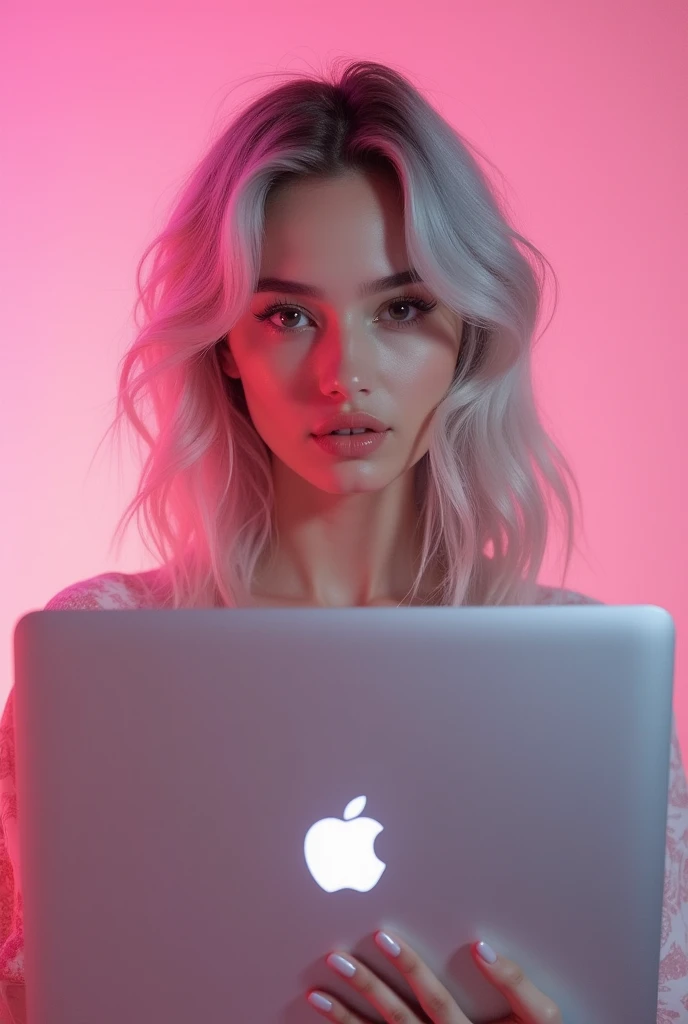 close-up of a woman, holding a laptop in front of a pink background, Anna Nikonova, aka Newmilky, Ava Max, Portrait of Kim Petras, Photo of the model, light gray hair, hair below the shoulders, pink atmosphere, dasha taran
