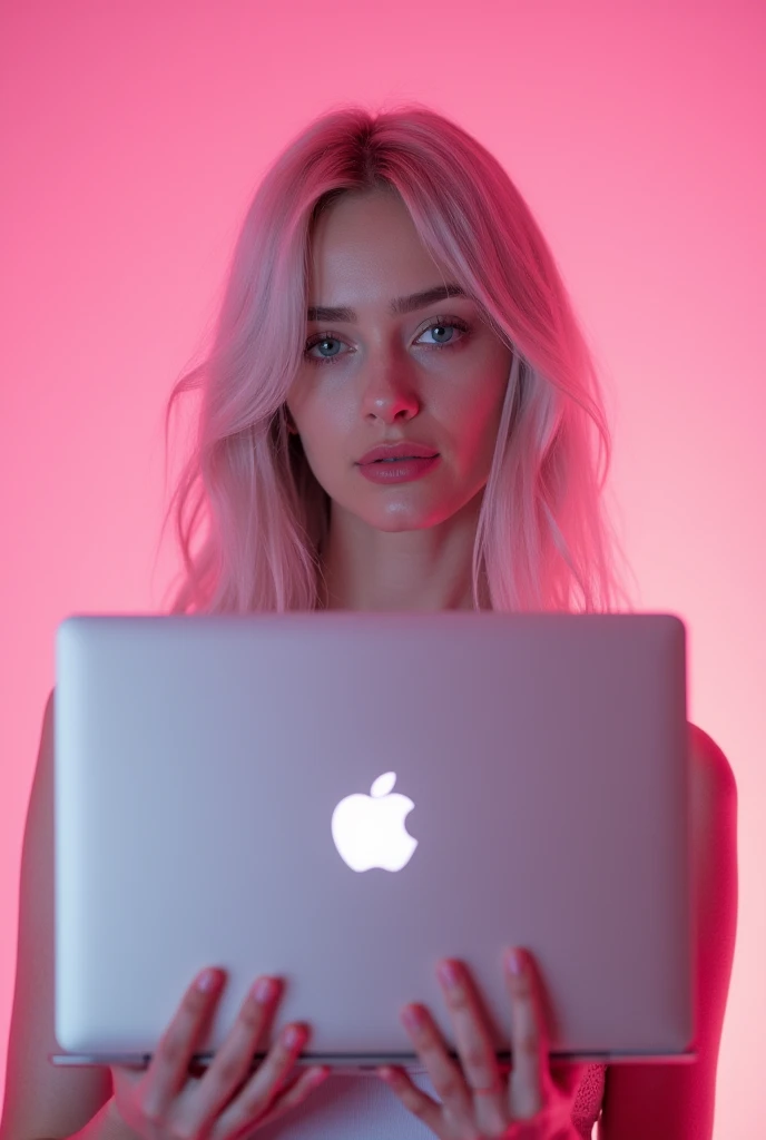 close-up of a woman, holding a laptop in front of a pink background, Anna Nikonova, aka Newmilky, Ava Max, Portrait of Kim Petras, Photo of the model, light gray hair, hair below the shoulders, pink atmosphere, dasha taran