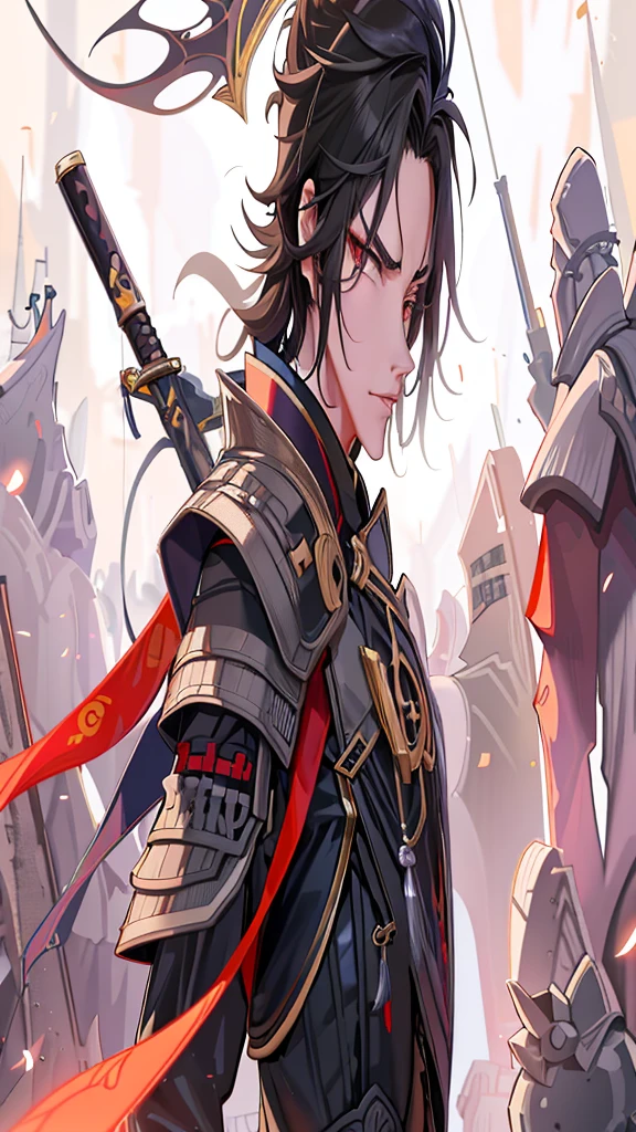 anime, man in armor，With his sword and his sword in his hand, handsome guy in demon slayer art, By Yang J, Keqing from genshin Impact, Zhongli from Genshin Impact, Hess Jinyao, Ji Liulian art style, Wuxia, By Li Song, Inspired by Hongren, genshin, รายละเอียดศิลปะanimeดิจิทัล