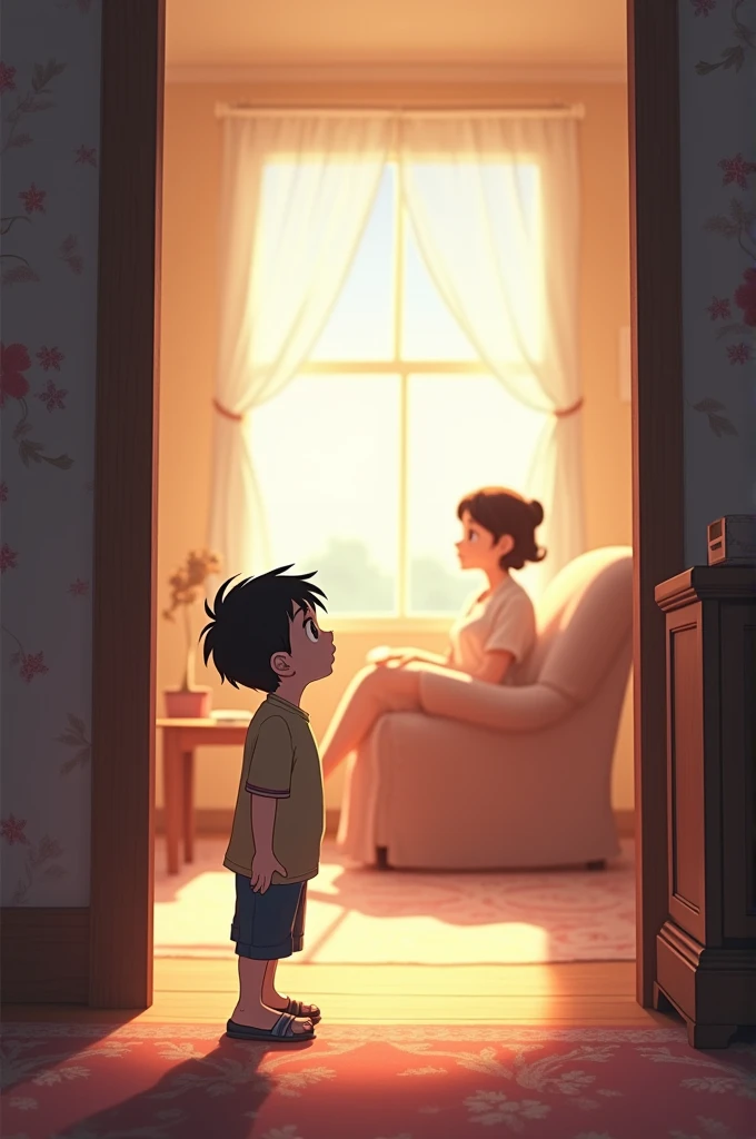 A boy enters a room, And he saw his mother in the distance, sitting on an anime-style sofa.