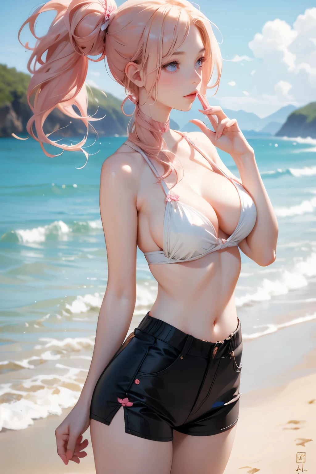 1 girl, very beautiful, masterpiece, attractive blonde, pink hair, blue eyes, expressive eyes, detailed skin, realistic skin texture, detailed eyes, (beautiful detailed face: 1.0), feminine focus, fitted top, sensual cleavage, big breasts, black sports shorts, left profile, on the beach,