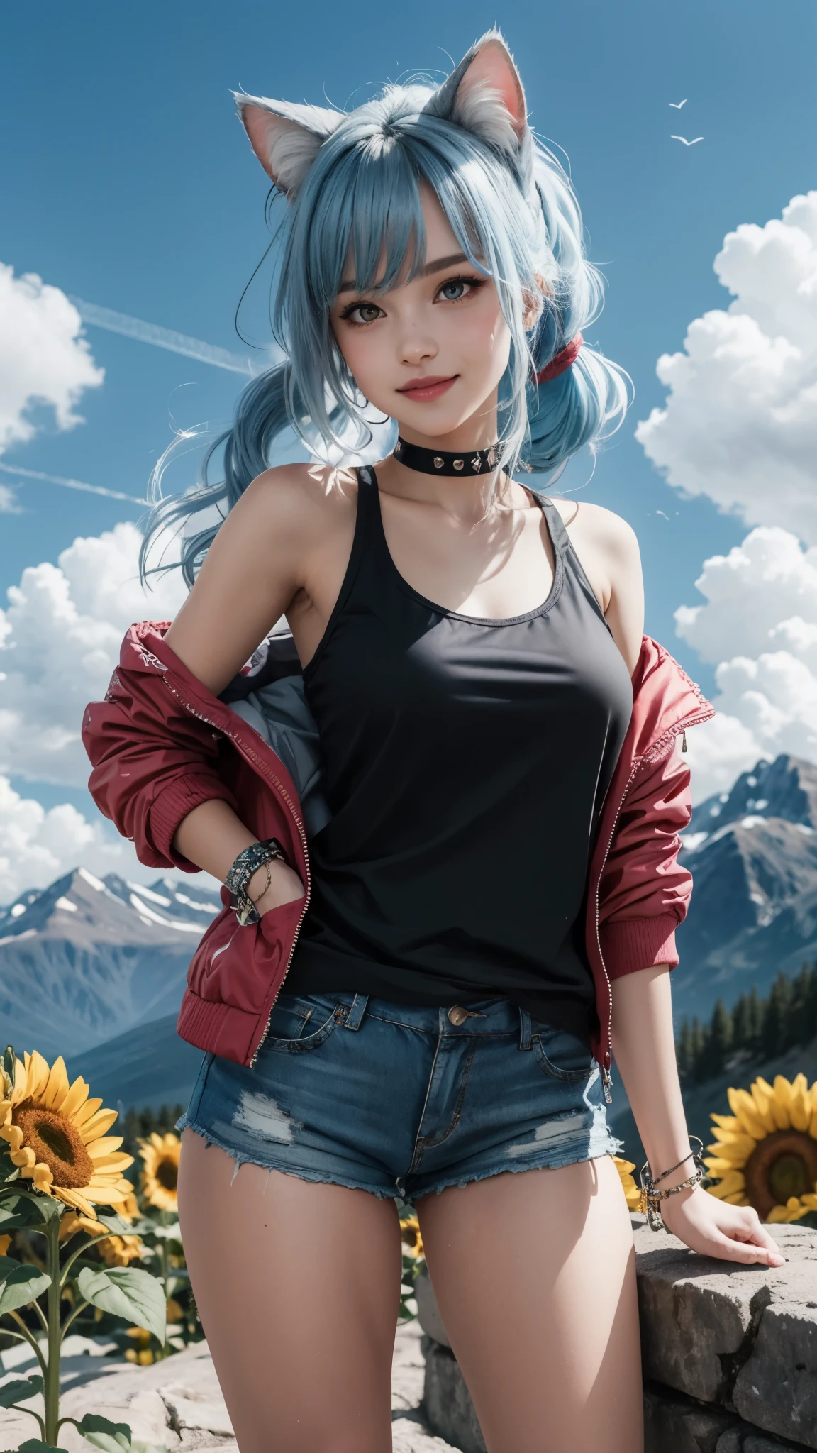 cat girl on mountain, BREAK, 1girl, (solo:1.4), catgirl, standing, both hand rises, clenching fist, tank top, gigantic breasts, thick thighs, sporty highleg design, cat ears, long hair, (messy hair:1.2), fluffy tail, lush mountain range, blue sky, short shorts, open jacket, watch, bracelet, spiky embellishment choker, detailed face, (looking at viewer:1.2), smile, clouds, natural light, (masterpiece, highest quality, disheveled hair, super detailed, fashonable), fashion model, simple background, delicate, beautiful, vibrant, sunflower, ponytail, light blue hair, bangs, hair ring, best lighting, best shadow,