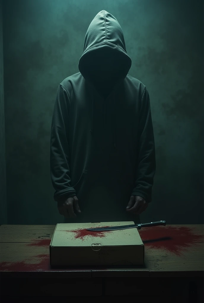Here’s how you can create the image based on the description:

1. **Background**: Use a dark and moody background to create a suspenseful atmosphere.

2. **Hooded Figure**: Place a person in a hoodie in the image, positioned slightly away so they are not clearly visible. Ensure a beam of light falls on the person from above, making them partially obscured to enhance the mysterious effect.

3. **Table Elements**:
   - Add a food delivery box that appears old or spoiled.
   - Place a blood-stained knife next to the box.

4. **Text**:
   - **Director and Production Info**: Write in small text behind the figure in the background, in a style similar to thriller movie credits: "Directed by Shahriar Rizvi and Toto Action Team. This is a psycho-thriller crime short film. The image is an AI-generated poster for 'Bloody Food,' and there is no connection to reality. Many people are eagerly inquiring about the progress and conclusion of the video. We can say that the work is still ongoing and in the final stages. We are optimistic that the video will be released at the beginning of September!"

5. **Main Title Text**:
   - Write "Bloody Food" at the bottom of the image.
   - Use a dark red font.
   - Apply a dripping blood effect to the letters, making it look like blood is dripping from them.