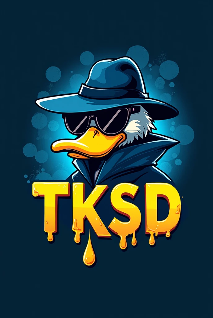 logo TKSD and duck detective, black sunglasses, smoke, yellow oil liquid texture, blue backround.