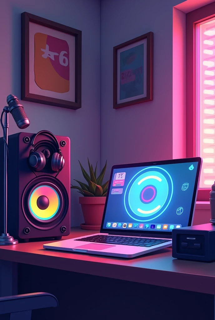I want an cover art for my album. The cover art should be based on music studio but it should be look like a studio of low budget in animation type
There should be one speaker with RGB light, one mic on which headphones are hanging and laptop with RGB light animation type
Give it like a struggling studio with low budget