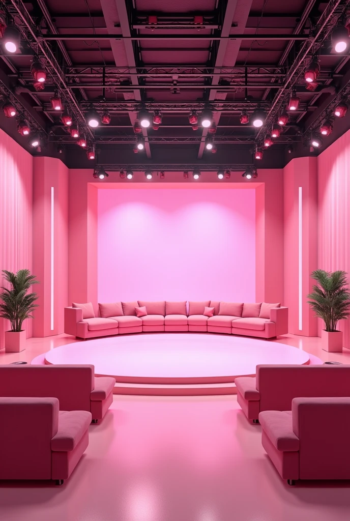 (photorealism:1.2), Empty pink TV talk show studio, realistic, intricate details
