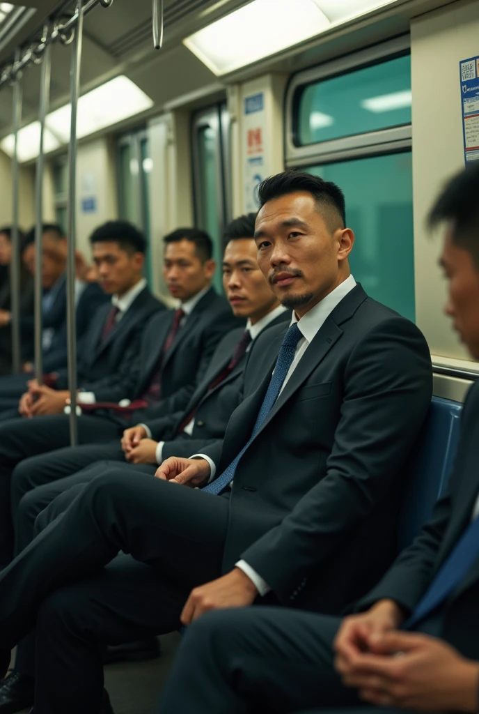 Chinese gentleman handsome in the subway, 30 years old ,Ultra-flat head,Wearing a suit,huge bulge, leg apart,musculous,Handsome, pervert smirk, Exposing thighs, In crowded subway cars, 16k resolution , ultra-high clarity , hyperrealism , ultra hd picture , uhd , details face , details , handsome man , high quality , Sit next to you、Lean on the man next to you , nsfw , sexy , eroticism , sitting side b side