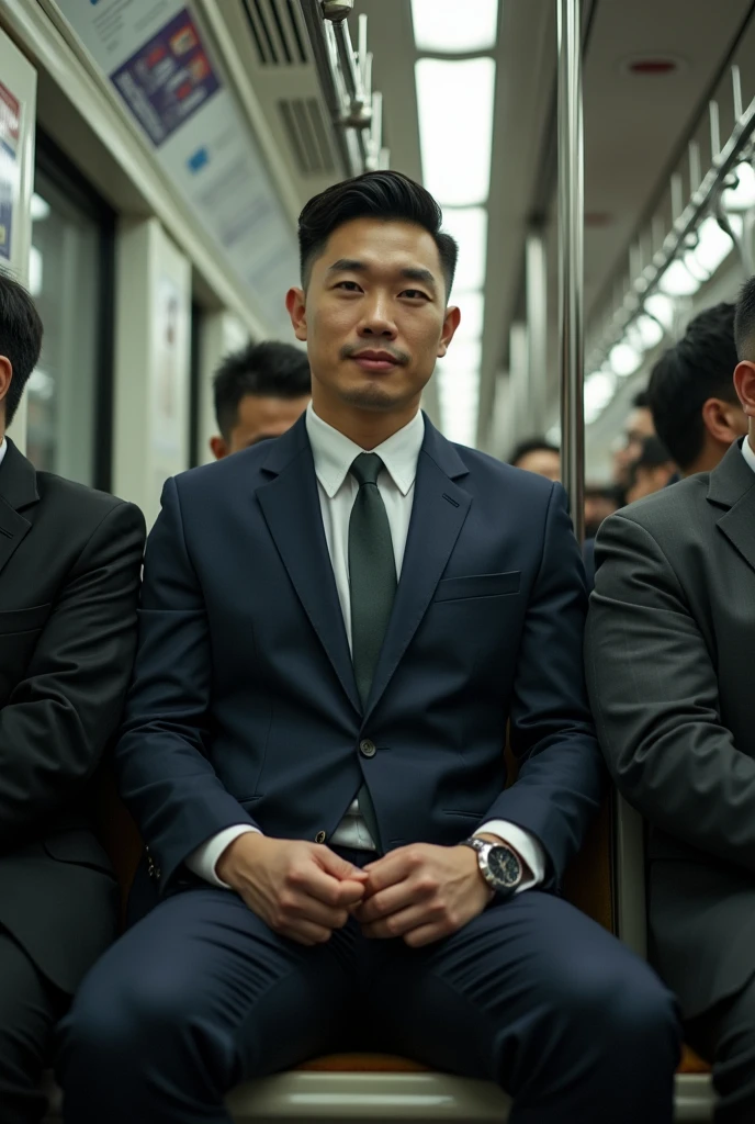  Chinese gentleman handsome in the subway， 30 years old ,Ultra-flat head，Wearing a suit，huge bulge,  leg apart，musculous，Handsome， pervert smirk， Exposing thighs，  In crowded subway cars， 16k resolution , ultra-high clarity , hyperrealism , ultra hd picture , uhd , details face , details , handsome man , high quality  , Sit next to you、Lean on the man next to you , nsfw , sexy , eroticism , sitting side b side