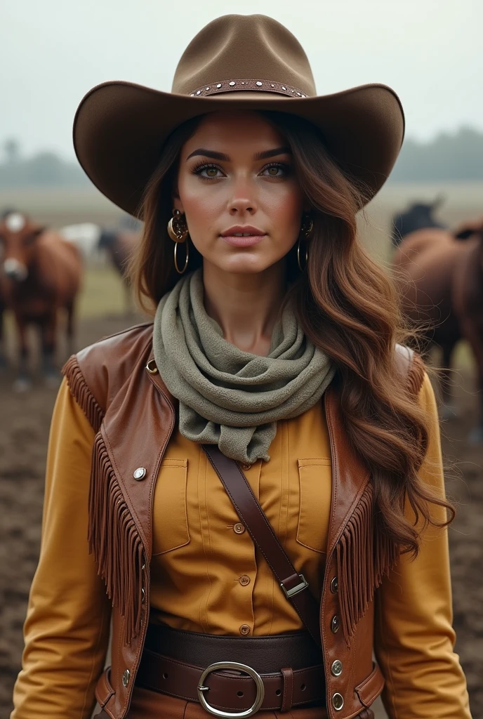 portrait of beautiful women in muddy farm:1.2 , cowboy hat, fringed waistcoat , trousers, scarf , confidence , medium breast,