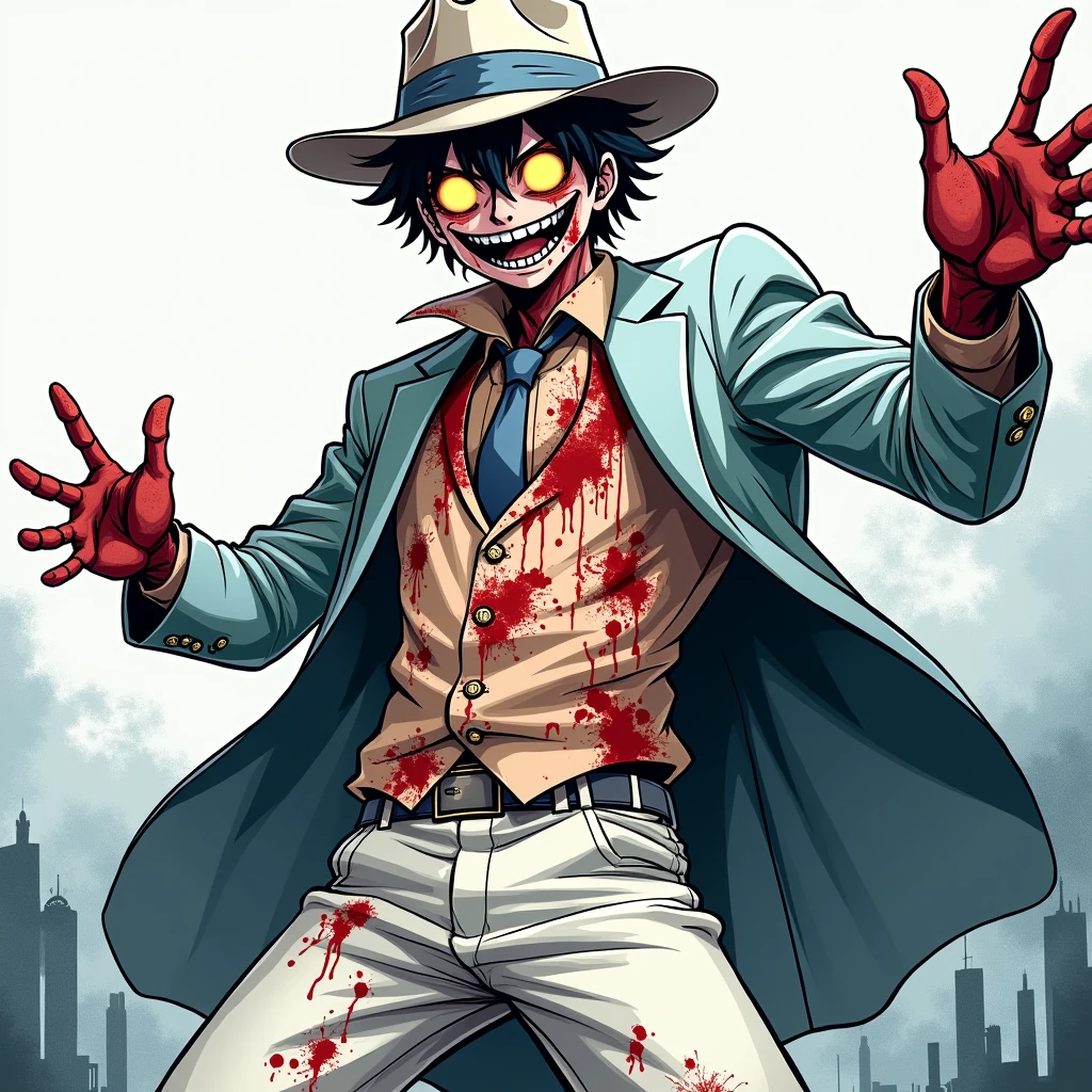 ((illustration)), (best quality)), ((masterpiece)), (detailed), 1male, black hair, suit, fedora, solo, 1boy, smiling, crazy look, shirt: 2, anime, horror, yellow eyes, teenager, monster, dark background, glowing eyes, bloody face, blood on clothes, war zone,
