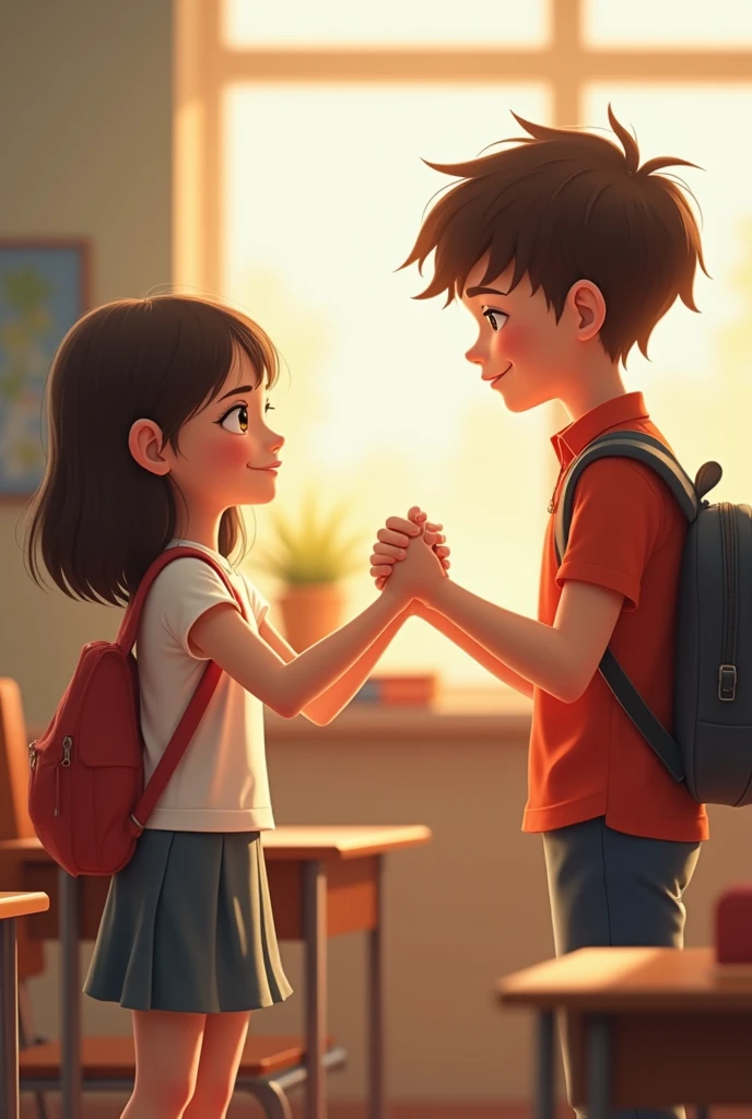 A boy and a girl becaming friends with shyness in a school classroom hand shake