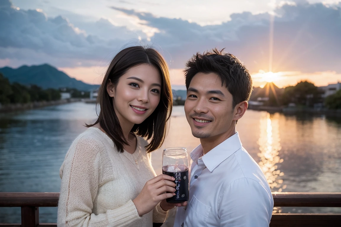 ((Highest quality、8k、masterpiece:1.3))、Izakaya、Japanese sake、Slim couple、Model Couple、(Realistic, Intricate details:1.2), Japanese sake、1 liter bottle、Japanese food、Soba、Japanese sake、Shochu 、Amazing view of the sunset sky and clouds、Bright smile、The beauty of a smile、Bright image、Beautiful Face, blue eyes, The light shines on your face, blush, short hair,Bright Face、 (Age 37), 39 years old, Brown Hair、Shortcuts、Long sleeve shirt、dress、Beautiful woman