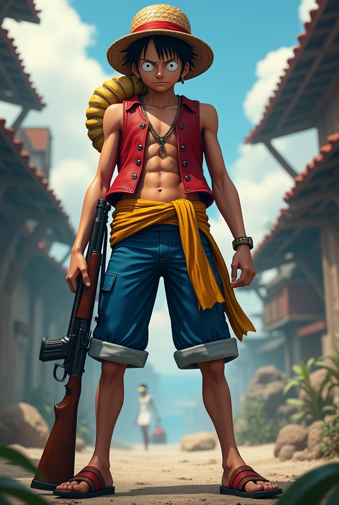 Luffy with a rifle and a pistol at his waist 
