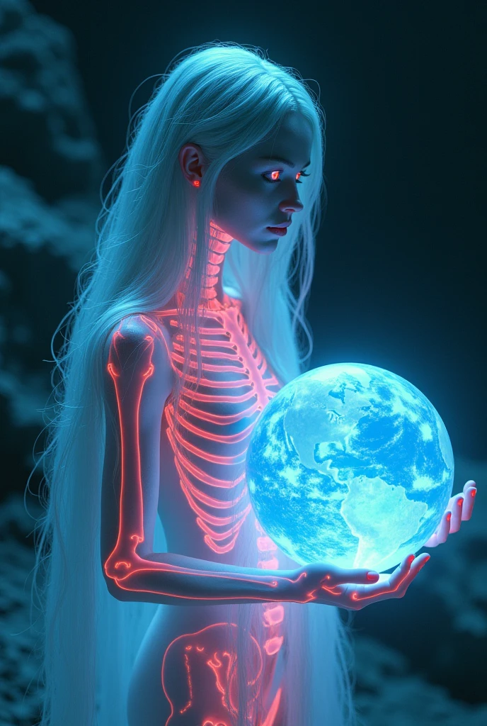 a woman, (extremely detailed, high definition, hyper-realistic:1.2), (bright shining eyes, transparent body, long light blue shining hair, neon red glowing skeleton:1.3), holding a globe in dreamy pose, in space, (cinematic lighting, dramatic lighting:1.2), (masterpiece, best quality, 8k, cinematic, digital painting, hyper-detailed:1.4) -- ar 9:16 , --chaos 100