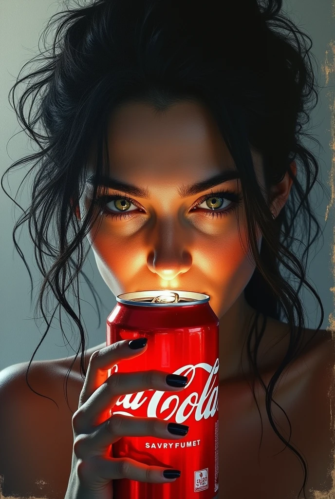drawing of the face of a 35 year old woman, using coke, white, dark haired