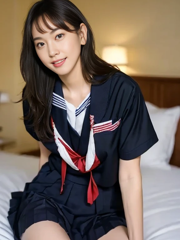 (Masterpiece, Best quality:1.4), (Ultra realistic, Photo-realistic:1.2), Natural light, 25 years old actress, Japanese women, Neat and clean, (Sailor suit, short sleeve suit:1.2), (Dark navy skirt:1.3), (Dark navy ribbon:1.2), (Short wavy hair:1.1), Ponytail, Light brown hair color, (Beautiful Face), Oval face, clear, (Beautiful eyes, Kind eyes), (Clear skin), Small face, (Small mouth), (Beautiful mouth), Natural makeup, Approachable, Luxury hotel Suite room, On bed, Seductive smile, (Seductive pose:1.2), (Beautiful thighs:1.1), (Bedroom eyes), (nsfw:1.1), (lesbian couple:1.1), (petting together), obscene reality of girls, (crotch rub:1.1),