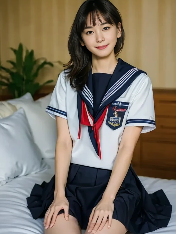 (Masterpiece, Best quality:1.4), (Ultra realistic, Photo-realistic:1.2), Natural light, 25 years old actress, Japanese women, Neat and clean, (Sailor suit, short sleeve suit:1.2), (Dark navy skirt:1.3), (Dark navy ribbon:1.2), (Short wavy hair:1.1), Ponytail, Light brown hair color, (Beautiful Face), Oval face, clear, (Beautiful eyes, Kind eyes), (Clear skin), Small face, (Small mouth), (Beautiful mouth), Natural makeup, Approachable, Luxury hotel Suite room, On bed, Seductive smile, (Seductive pose:1.2), (Beautiful thighs:1.1), (Bedroom eyes), (nsfw:1.1), (lesbian couple:1.1), (petting together), obscene reality of girls, (crotch rub:1.1),