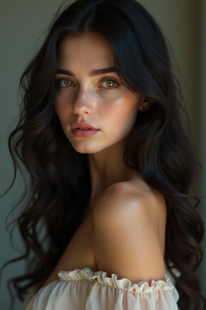 an 18 year old woman,with fine features, fair skin, golden eyes and long hair,wavy and black,with an elegant yet attractive body