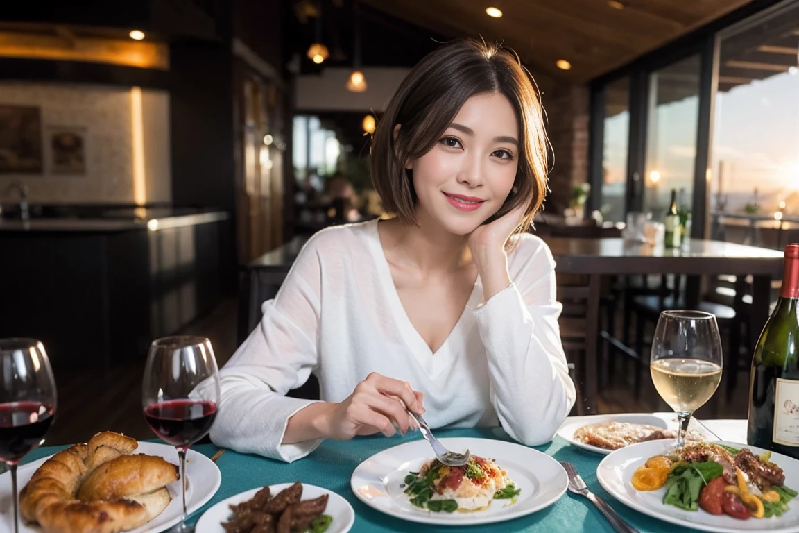 （Realistic:1.1）,(masterpiece,Highest quality)，8k,(49 years old), 53 years old, ベリーslimボディ、slimカップル、Tight waist,Upper Body,full-course dinner、wine 、Amazing view of the sunset sky and clouds、Perfect Anatomy, Brown Hair, short hair,Random Hairstyles,((Highly detailed face and eyes:1.2))，Perfect golden ratio face，Long sleeve shirt、dress,(smile:1.2)、Shortcuts、cute、(Realistic, Intricate details:1.2), A bright smile、short hair,Bright Face、赤wine 、Appetizers、Italian food、wine bottle、Champagne、スパークリングwine、(slimな顔), (The body is slim), (Brown Hair), (Shortcuts),  Upper Body, 白wine, slim, wineグラス, 