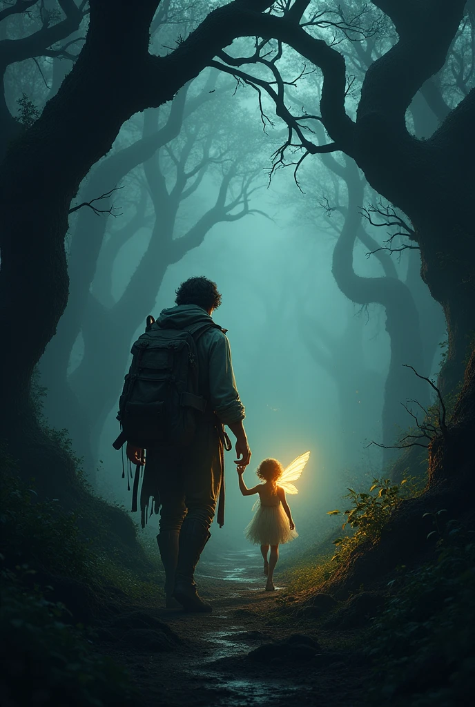 The handsome traveler with dirty clothes walk with fairy in the dark forest