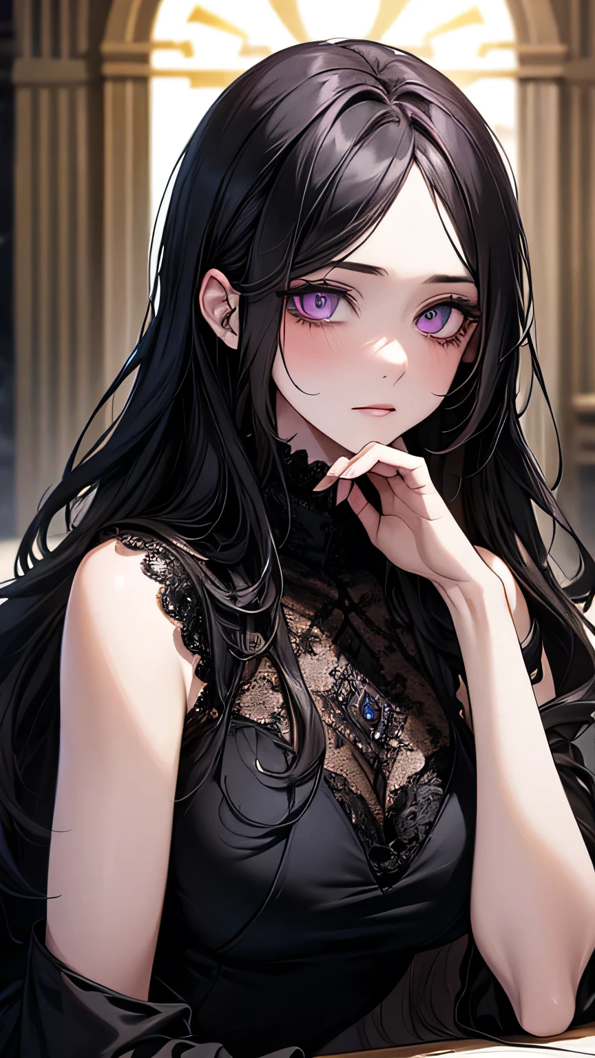 ((Highest quality)), Ultra-high resolution,Adult women, alone, sexy, (Tired face), (Light purple eyes), Beautiful face in every detail,(High resolution detail of human skin texture), (Black irregular long hair), Black lace dress,Black long skirt,Realistic:1.4,Realistic:1.4,Dark room,((masterpiece)),Perfect Eyes,Perfect Eyes,（Sleep-deprived face）,Curvy Body,Black eyeliner under the eyes,Peering into the audience,Pale, unhealthy skin,Indoors at night