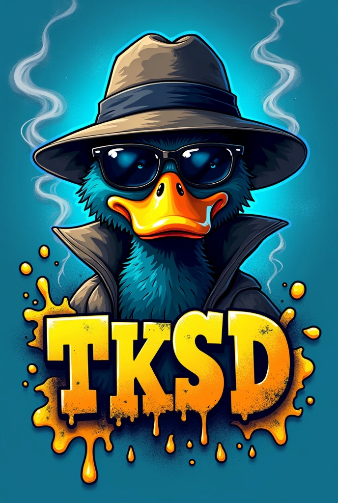 logo TKSD graffity and duck detective, black sunglasses, smoke, yellow oil liquid texture, blue backround.
