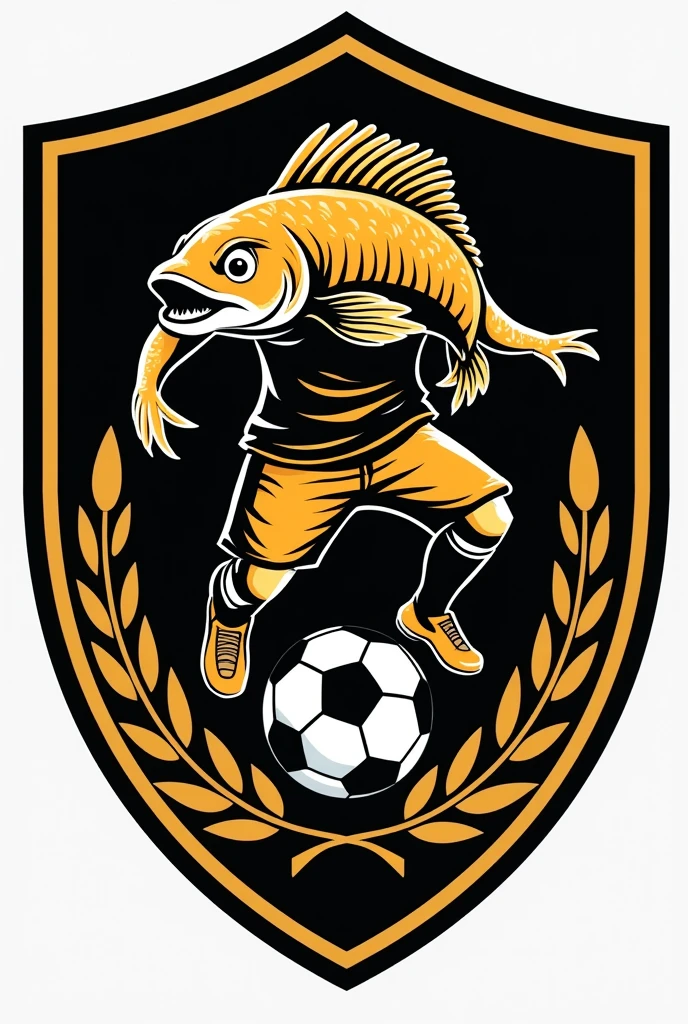 Football shield with names: black and gold soccer club with a fish playing football 