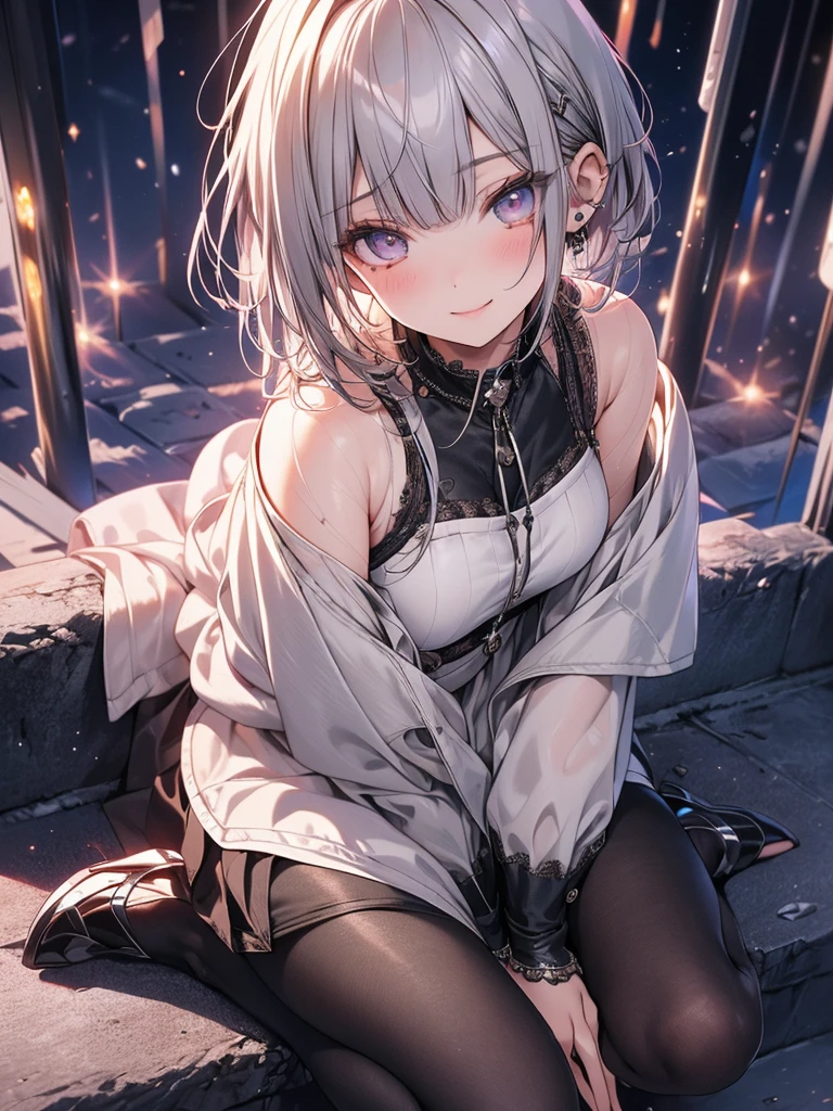 8K、High resolution、17 year old daughter、layered silver hair、formal shirts、formal skirt、smile、long eyelashes、beautiful double eyelids、babypink eye shadow、beautiful and thin legs、(super realistic pantyhose:1.3)、short hair、In front of the station at night、stairs at night、squat、Please sit down、Luxury High Heels、(intricate details:1.4),(realistic:1.4),octane rendering, soft light in the studio, rim light, vivid details, Super detailed, realistic skin texture, Surface details, Beautiful eyes in every detail, Highly detailed CG Unity 8K wallpaper, compensate, (detailed background:1.2),