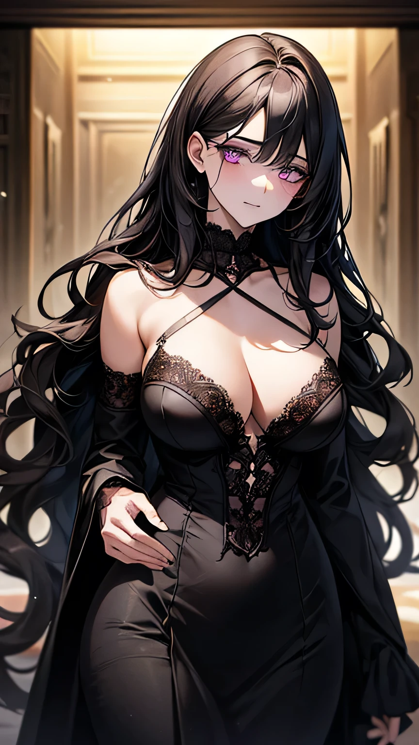 ((Highest quality)), Ultra-high resolution,Adult women, alone, sexy, (Tired face), (Light purple eyes), Beautiful face in every detail,(High resolution detail of human skin texture), (Black irregular long hair), Black lace dress,Black long skirt,Realistic:1.4,Realistic:1.4,Dark room,((masterpiece)),Perfect Eyes,Perfect Eyes,(Sleep-deprived face),Curvy Body,Black eyeliner under the eyes,Peering into the audience,Pale, unhealthy skin,Indoors at night