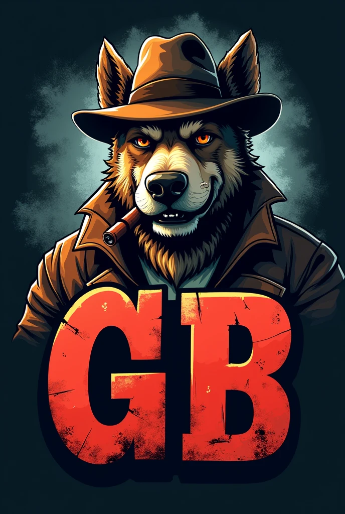 Create an animated logo of a gangster dog with the letters GB in the middle