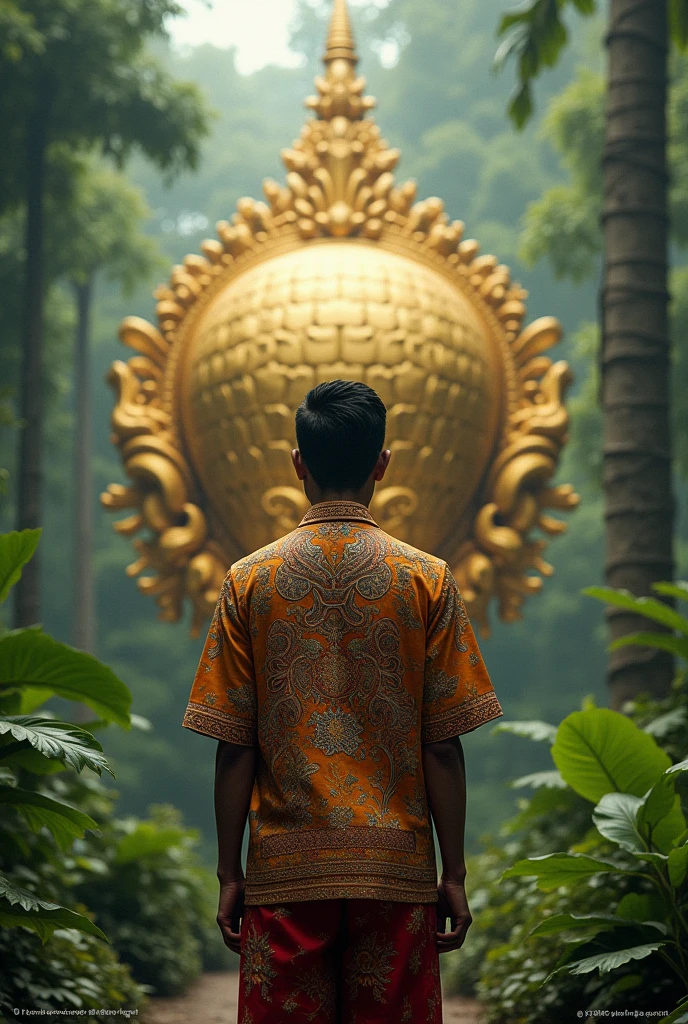 A wearing an ancient Thai shirt stands in front of a large golden conch shell sitting in the forest.