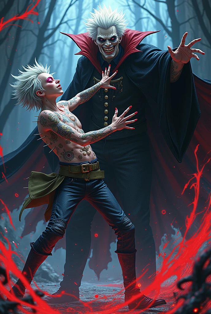 create a One Piece illustration of an 18 year old voodoo rag doll man with white hair, one pink eye and one button eye wearing stylish clothes with spikes on his body fighting Dracula