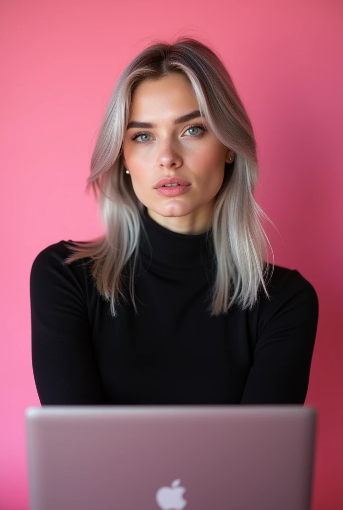 woman, 30 years, holding a laptop in front of a pink background, Anna Nikonova, aka Newmilky, Ava Max, Portrait of Kim Petras, Photo of the model, light gray hair, hair below the shoulders, pink atmosphere, black clothes