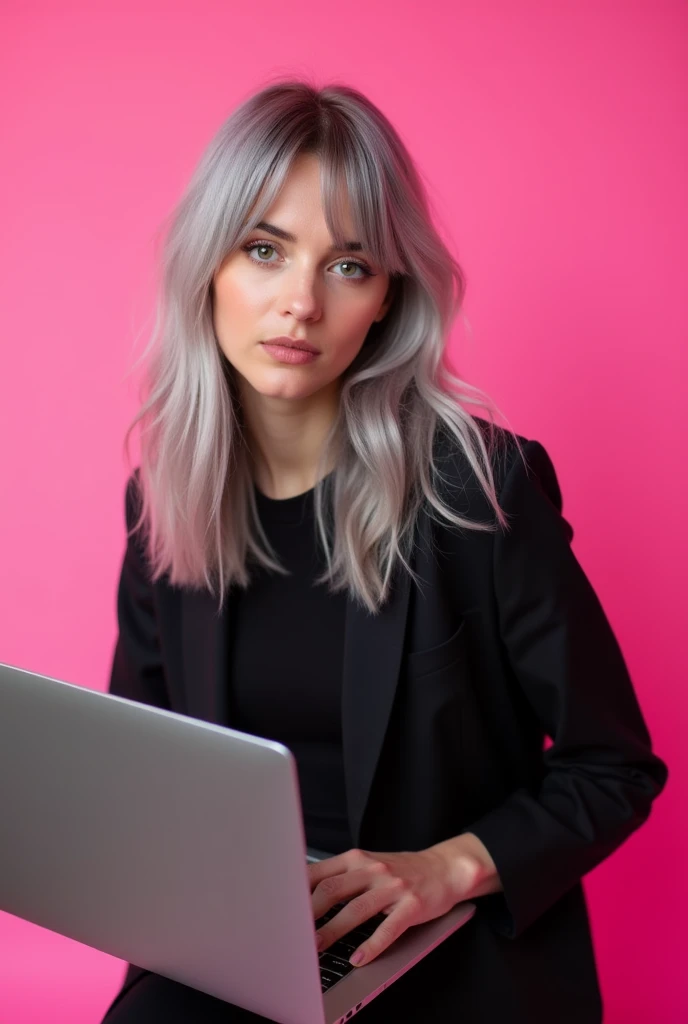 woman, 30 years, holding a laptop in front of a pink background, Anna Nikonova, aka Newmilky, Ava Max, Portrait of Kim Petras, Photo of the model, light gray hair, hair below the shoulders, pink atmosphere, black clothes