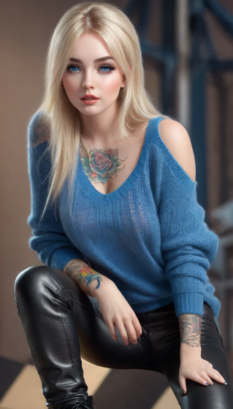 cute baby-face woman, attractive and seductive expression, shy, blonde straight hair, forehead, make-up, blue eyes, superlative body proportion, covered in tattoos, wearing loose knit shirt, tight fitting leather pants, engineer boots, artistic, hyper, graphic CG digital art