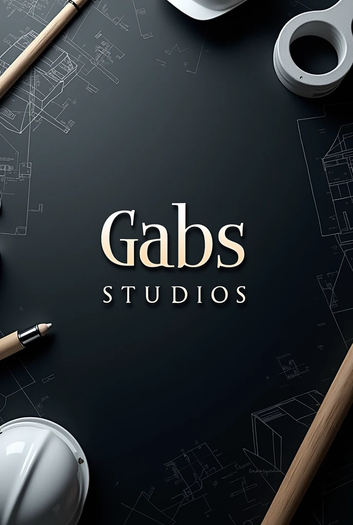 I am the owner of an architectural firm and I would like to create my personal logo and watermark with Gabs as the title and studios as the subtitle., with white engineering helmets, Architectural plans and architectural sketches as accessories around the logo, With a black background.