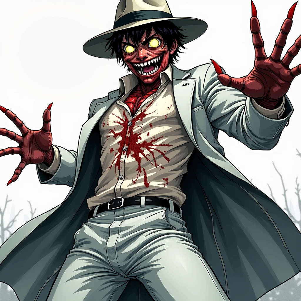 ((illustration)), (best quality)), ((masterpiece)), (detailed), 1male, black hair, suit, fedora, solo, 1boy, smiling, crazy look, shirt: 2, anime, horror, yellow eyes, ager, monster, dark background, glowing eyes, bloody face, blood on clothes, war zone, cinematic,
